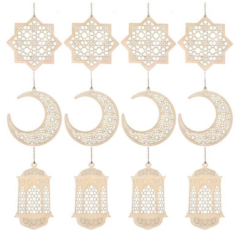 lot 62881 image: WILLBOND 12 Pcs Wood Ramadan Decorations Eid Decorations Islam Mubarak Wooden Ornaments Mubarak Hanging Hollow Pendant Ramadan Party Eid Al Adha Ornaments Moon Star Lantern for Muslim Islam Festive - Retail $20