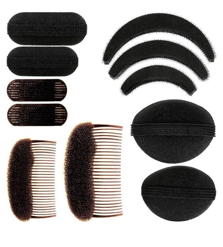 lot 62900 image: 11 Pieces Hair Bump Sponge Volume Hair Bases Set Bump It Accessory for Volume Insert Styling Tools up Combs Clips Sponge Bun Updo Accessories for Women DIY Hairstyles(Black, Brown) - Retail $12