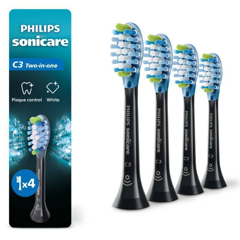 lot 36572 image: Philips Sonicare C3 Two-in-One - Genuine Replacement Electric Toothbrush Heads, Black and White, 4 Pack One Year Supply, HX904495 - Retail $54