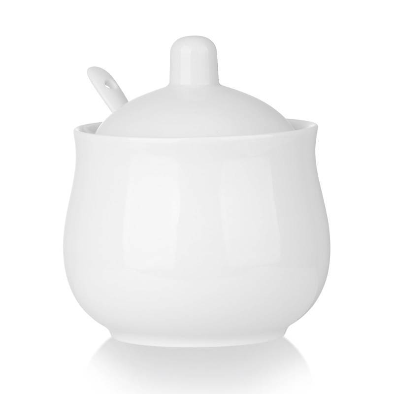 lot 56106 image: Ceramic Sugar Bowl with Lid and Spoon, White Porcelain Sugar Salt Pepper Storage Jar, 12 Ounces (White 12 OZ) - Retail $40