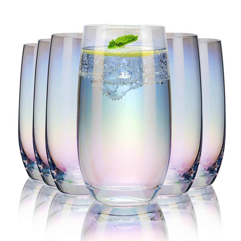lot 56175 image: Iridescent Drinking Glasses Set of 5 Crystal Highball Water Glasses��Glass Cups for Water, Juice, Beverage, Mojito 13 Oz - Retail $40