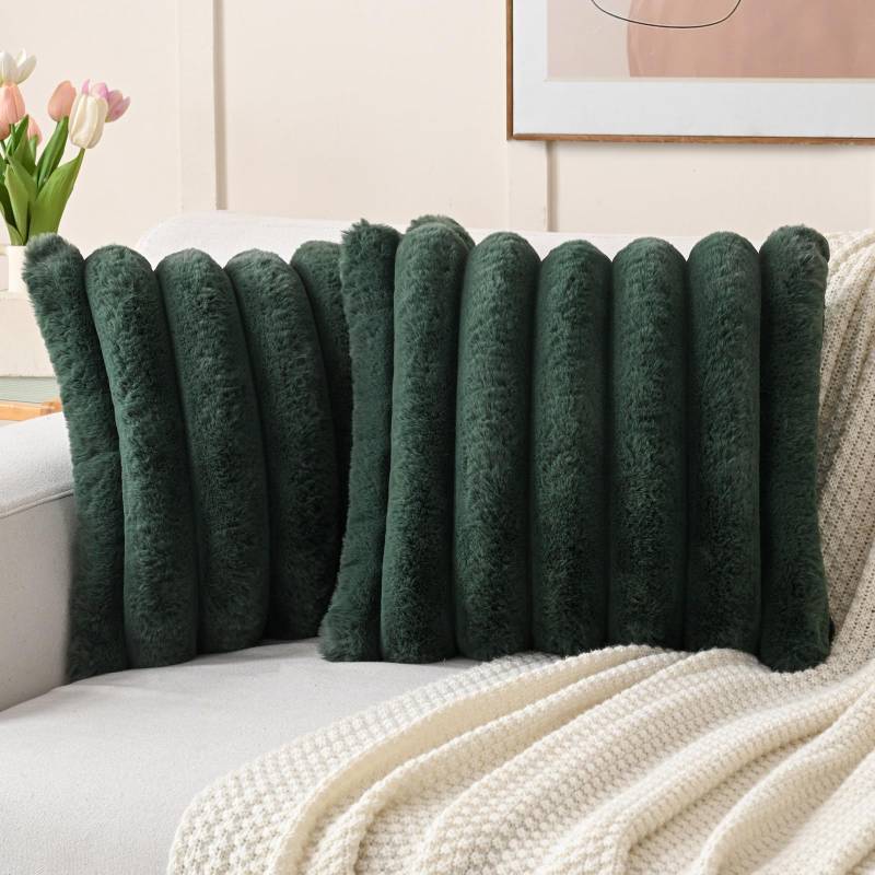 lot 16052 image: Dark Green Decorative Throw Pillow Covers 18x18 Inch Set of 2, Square Soft Faux Rabbit Fur Thick Striped Cushion Cover, Spring Home Decor for Couch Bed Living Room - Retail $26