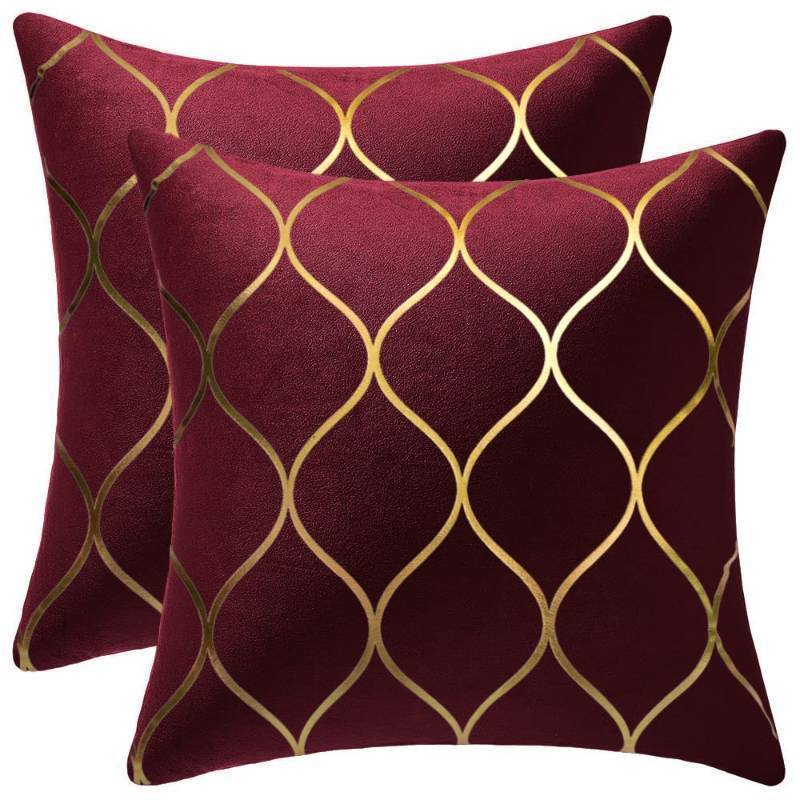 lot 16131 image: Gold Velvet Throw Pillow Covers 2 Pack 24x24 Inch Square Decorative Pillow Cases for Bedroom Sofa Couch Living Room, Christmas Burgundy Red - Retail $24