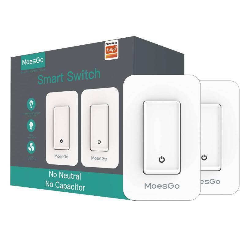 lot 16223 image: MoesGo WiFi Smart Single Fire Wall Light Switch, No Neutral Wire Need, Single Pole, Smart LifeTuya Remote Control, Compatible with Alexa and Google Home Assistant 110V Minimum 7w White 2 Pack - Retail $65