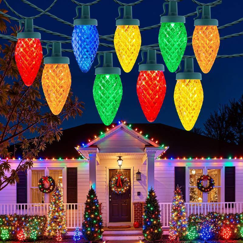 lot 16251 image: C9 LED Christmas Lights Outdoor, 97ft 150 LED Waterproof Strawberry Christmas Decorations String Lights, Plug in Vintage Christmas Tree Lights for Outside, Roof, Patio, Wedding, Party, Multicolor. - Retail $65