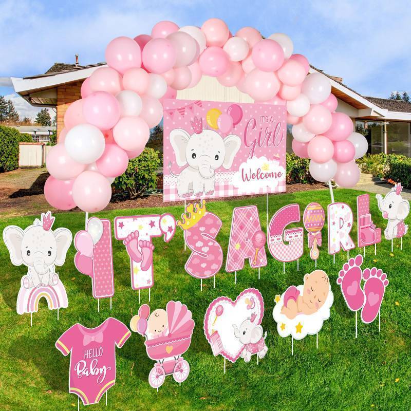 lot 16287 image: 15 Pcs Its a Girl Yard Sign Gender Reveal Decorations Welcome Baby Shower Yard Lawn Sign with Stakes Large Letters Elephant Pink Balloons for Outdoor Indoor Lawn Garden Home Party. LAWN STAKES NOT INCLUDED. - Retail $37