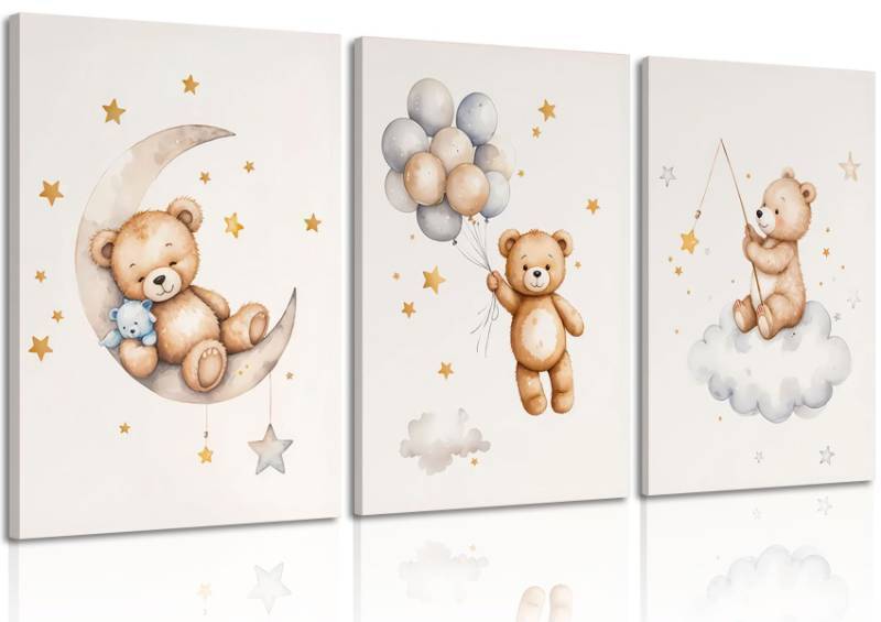 lot 44208 image: 3 Pcs Framed Teddy Bear Nursery Canvas Wall Art Bear Sleeping on The Moon and Stars Wall Decor Pictures Balloon Cloud Neutral Poster Prints for Kids Baby Room Kindergarten Home Decoration 12x16in - Retail $30