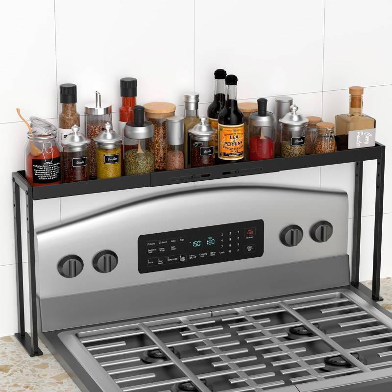 lot 56383 image: Spice Rack Shelf for Kitchen Stove, Adjustable 27 to 33 Inch Spice Rack Organizer, 4 Level Adjustable Height Stove Top Shelf for Kitchen, Over the Stove Shelf for Curved Stove, Black - Retail $36