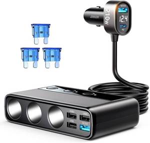 lot 272 image: 9 in 1 Cigarette Lighter Splitter, JOYROOM 210W Cigarette Lighter Adapter with PDQC 3.0  2 Charge(3.3FT Cable), 12V24V Independent Switches DC Cigarette Outlet Car Charger for All Car Devices - Retail $27