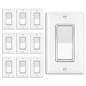 lot 277 image: BESTTEN 10 Pack 3-Way Decorator Wall Light Switch with Wallplate, 15A 120V277V, Single Pole or Three Way, OnOff Paddle Rocker Interrupter, UL Listed, White - Retail $19
