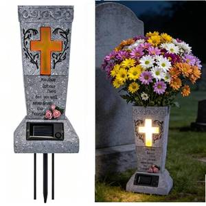 lot 317 image: Solar Cemetery Vase for Grave Decor - Waterproof Memorial Flower Holder with LED Cross Light - Sympathy Gifts for Loss of Loved One, Cemetery Decorations for Fresh or Artificial Flowers - Retail $19