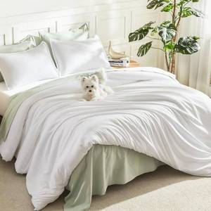 lot 342 image: Litanika White Comforter King Size, 3 Pieces Lightweight Solid Bedding Comforter Set, All Season Fluffy Bed Set (104x90In Comforter & 2 Pillowcases) - Retail $50