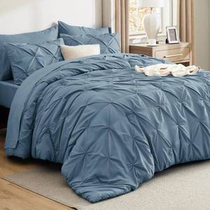 lot 346 image: Bedsure Queen Comforter Set Mineral Blue - Bed in a Bag Queen 7 Pieces, Pintuck Bedding Sets Gift for Christmas, Pinch Pleat Bed Set with Queen Size Comforter, Sheets, Pillowcases & Shams - Retail $54
