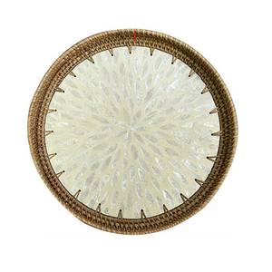 lot 351 image: Handmade Coffee Table Tray with Mother of Pearl Inlay, Round Rattan Tray with Wooden Base(White) - Retail $17