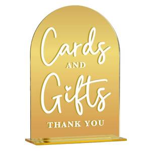 lot 357 image: Acrylic Wedding Sign, Bridal Shower Decorations, Cards and Gifts Sign for Ceremony, Modern Font Table Signs, Gold Mirror Arched Acrylic Tabletop Signs for Wedding Reception and Event Party - Retail $10