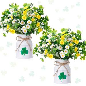 lot 366 image: Canlierr 10 Pcs St. Patricks Day Decorations Table Centerpiece Artificial Daisy Four Leaf Clover Branches with Vase Set Green Floral Arrangements for Home Farmhouse Party - Retail $30