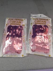 lot 382 image: Pink Metallic Foil Fringe Curtains Party Decorations Set of 2 - Retail $8