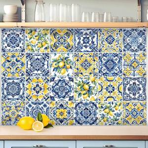 lot 385 image: Faccito 24 Pcs Lemon Tile Stickers 4x4 Inch Watercolor Mediterranean Lemon Summer Peel and Stick Removable Self Adhesive PVC Waterproof Tile Stickers Amalfi Coast Decor for Kitchen Bathroom Backsplash - Retail $12