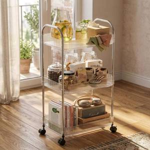 lot 391 image: STARLATTA 3 Tier Rolling Cart with Lockable Wheels, Clear Acrylic Utility Trolley with Handle, Heavy-Duty Storage Organizer for Kitchen Bathroom Nursery Laundry - Snack Book Craft Organizer (Clear) - Retail $15
