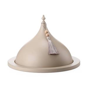 lot 395 image: Qinyoung Decorative Ramadan Dates Cover, 12 Inch Taupe Metal Serving Dome Cloche Cover with Silver Tassel for Dates, Eid Serving Platter, Elegant Iftar and Suhoor Table Centerpiece - Retail $47
