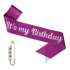lot 396 image: Its My Birthday Sash for Women, Glitter Purple Birthday Girl Sash with Pearl Pin Happy BirthdaySash Decorations Accessories Party Gifts - Retail $4