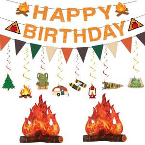 lot 397 image: Camping Themed Birthday Party Decorations Kit Adult,Glitter Happy Birthday Banner Sign with 3D Campfire Hanging Swirls,for Camper Camp Hiking Party Decor Supplies - Retail $15