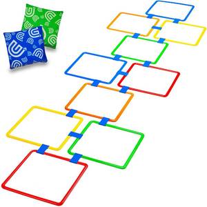 lot 399 image: GETMOVIN SPORTS Hopscotch Squares Set with 2 Premium Beanbags Giant Sized 15 Inch Squares with 15 Connectors for IndoorOutdoor Portable Fun Conditioning Agility Training (Multicolored) - Retail $33