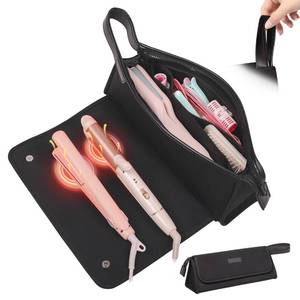 lot 402 image: JKAOO Hair Tools Travel Bag and Heat Resistant Mat, 2 in 1 Portable Organizer Hair Travel Case for Curling Iron, Hair Straightener, Flat Irons, PU Hangable Handle, Neoprene (Elegant Black) - Retail $17