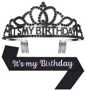 lot 407 image: Papoopy Birthday Tiara and Crown with Sash, Birthday Tiara for Women Party Black - Retail $7