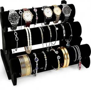 lot 412 image: Barelove Velvet Bracelet Holder with 3 Tier Rack, Black T-Bar Storage Organizer Detachable Display Stand for Necklace Watch Bangles Bracelets Scrunchies Organization Showcase - Retail $13