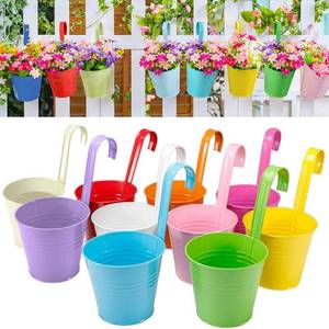 lot 425 image: XRR Railing Planters with Drainage Holes, 10 Pack 6.3 x 4.7 x 5.3 Iron Hanging Flower Pots with Removable Hooks for Balcony Fence Garden Suitable Indoor Outdoor, Plant Hanger, 10 Colors - Retail $28