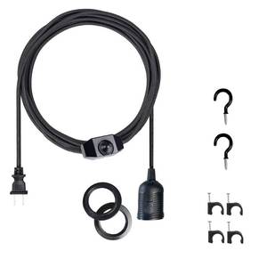 lot 429 image: Fabric Cord for Hanging Pendant Lamp Fixture, Lampshades 15 Feet Decorative Braided Flexible Cable E-26 E-27 Light Bulb Socket & 2 Prong Flat Plug Dimmer Switch with Knob DIY Projects (Black) - Retail $18