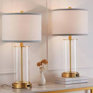 lot 443 image: Kyrid 23.5 Glass Table Lamp Set of 2 for Bedroom Antique Brass Finish,Gold Glass Lamp Set with USB Ports and AC Outlets(Bulbs Included) - Retail $90
