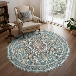 lot 452 image: WITSHOCK 6Ft Teal Round Washable Area Rugs - Vintage Boho Distressed Oriental Farmhouse - Non Slip Low Pile Circle Carpet for Living Room Bedroom Kitchen Dining Room, Foldable Soft Pet Friendly Rug - Retail $70