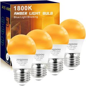 lot 467 image: ZEQIDOU Amber Sleep Light Bulbs Dimmable, Blue Light Blocking, A15 E26 5W(40 Watt Equivalent) Dim Light Bulb,1800K Warm Light Bulbs for Healthy Sleep, Bedroom, Kids Room, 4-Pack - Retail $12