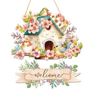 lot 478 image: INKNOTE Decorative Spring Door Hangers Welcome Sign Blooming Flowers Birdhouse Wall Tags Plaque for Farmhouse Porch Front Yard Ornament Ironwork - Retail $15