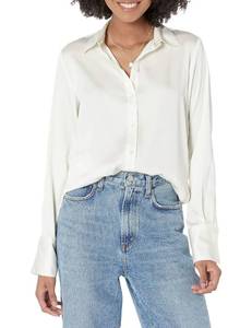 lot 4300 image: Amazon Essentials Womens Regular-Fit Long Sleeve Satin Button Down Blouse, Dressy Business Casual, Eggshell, Small - Retail $19