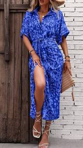 lot 4327 image: Blue Leopard Print Midi Shirt Dress with Belt Medium  - Retail $25