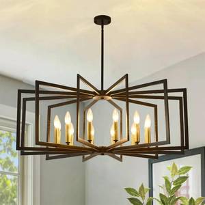 lot 4338 image: Black Chandelier for Dining Room,12-Light Large Dining Room Light Fixture Modern Geometric Metal Hanging Industrial Chandeliers for Entryway Kitchen Island Foyer Farmhouse Chandeliers (Black Gold) - Retail $180