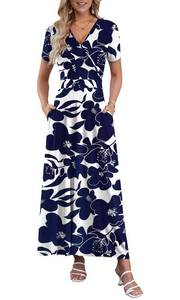 lot 4347 image: AUSELILY Maxi Dresses for Women Ankle Length Floral Print Beach Long Flowy Dress with Pockets White Navy Flower XL - Retail $37