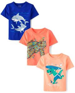 lot 4370 image: The Childrens Place,Baby Boys,and Toddler Animal Short Sleeve Graphic T-Shirts,Multipacks,TurtleSharksDino Surf 3-Pack,3 Years - Retail $17
