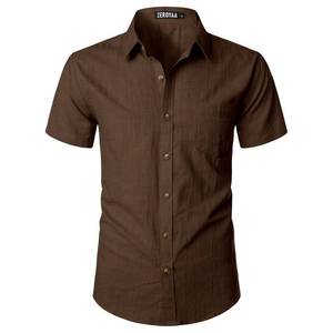 lot 4383 image: ZEROYAA Mens Fitted Cotton Like Linen Casual Short Sleeve Button Up Shirts Lightweight Beach Tops with Pocket Brown Large - Retail $20