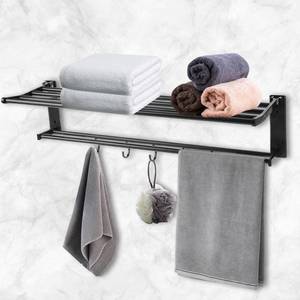 lot 4386 image: FASDRESS Towel Racks for Bathroom Wall Mounted, 24 Inch Foldable Towel Holder with 5 Movable Hooks,Rustproof Towel Organizer for Bathroom Lavatory Hotel Bath Matte Black - Retail $50