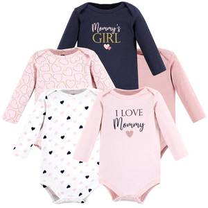 lot 4389 image: Hudson Baby Unisex Baby Cotton Long-Sleeve Bodysuits, Girl Mommy Pink Navy, Preemie - Retail $37