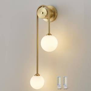 lot 4400 image: NDDSWM Golden Wall lamp Double Ball, mid-Century Modern Glass Wall sconces,with G9 Tricolor Bulb for Living Room Bedroom Bedside Stairs Restaurant Bathroom Corridor Aisle Lighting - Retail $161