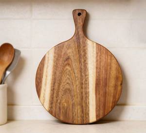 lot 4414 image: ZeQi Round Acacia Wood Cutting Board with Handle 16x12 Charcuterie BoardPizza BoardServing Board for Cheese, Bread, Vegetables & Fruits (Round) - Retail $18