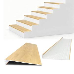 lot 4417 image: Non Slip Stair Treads for Stair Remodel, 4 Pieces 47x11.8 inch Wood Plastic Composite Stair Treads for Home Decor with 2 inch Square Nose Profile Bullnose Wood Treads Caps (Oak) - Retail $149