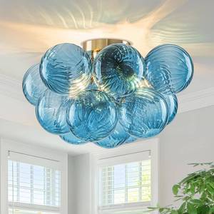lot 4422 image: GoYeel Flush Mount Chandelier Gold, Kitchen Lights Ceiling Modern Glass Bubble Light Chandeliers 18.5 with 13 Swirled Blue Globe for Dining Room Bathroom Entryway Bedroom - Retail $165