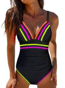 lot 4423 image: popvil Womens Tummy Control One Piece Swimsuit 2026 Flattering Slimming Bathing Suit with Ruched Shapewear, Modest Deep V Neck, Comfortable Fit Swimwear,Black,X-Large - Retail $37