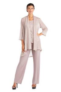 lot 4425 image: R&M Richards Womens 3-Piece Crinkle Pant Set  Duster Jacket, Straight Pants & Tank Top WNecklace - Elegant Evening Outfit size 16 - Retail $111